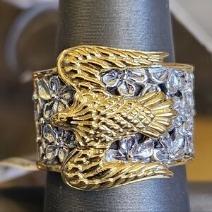 D'Joy Bali Legacy Frangipani Flower Eagle Ring 22K Vermeil YG & Sterling Silver